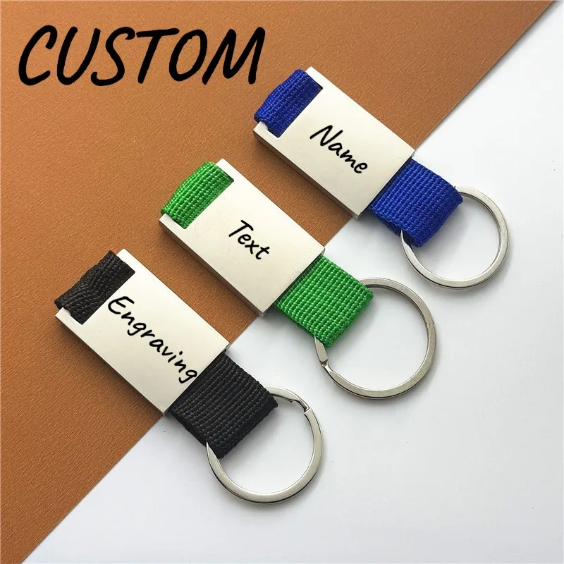 Custom Engraved Keychain Personalized Name Text Logo for Men Women Nylon Webbing Keyring Stainless Steel Plate Car Key Fob Gift