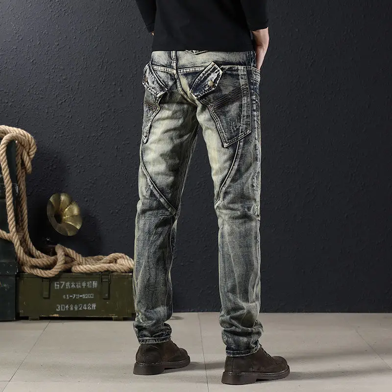 Jeans Slim in Denim Casual primavera autunno da uomo di lusso di alta qualità pantaloni di moda blu retrò a gamba dritta Patchwork di marca di fascia alta