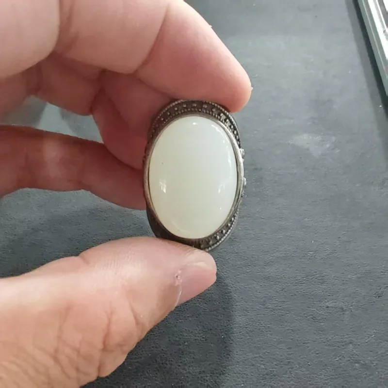 Unisex Bohemian Ethno-Ring mit geprägtem Pferde-Münzen-Motiv, rund, imitiert Jade, versilbert, Retro, offen, verstellbar, Fingerschmuck – Detail 6