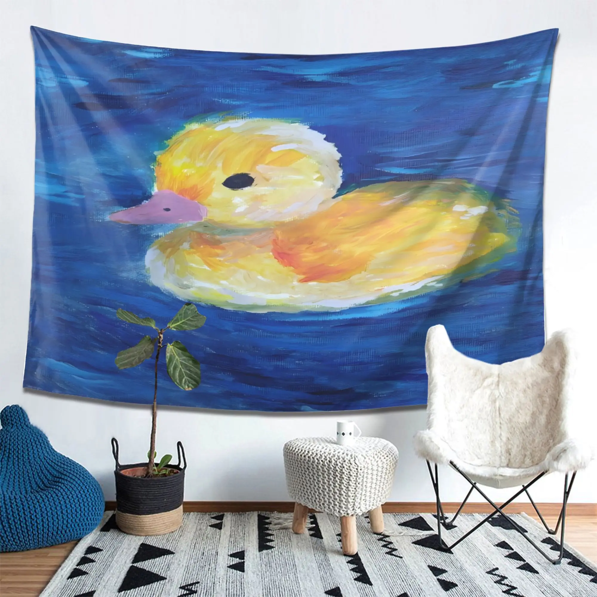 Whimsical Yellow Duck Painting Tapestry Wall Hanging Watercolor Bird Art Decor Nursery Coastal Nautical Ocean Theme Artwork Canv