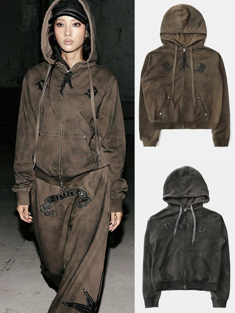 

Свободная толстовка на молнии с вышивкой в уличном стиле, модная женская повседневная одежда, укороченная, зимняя