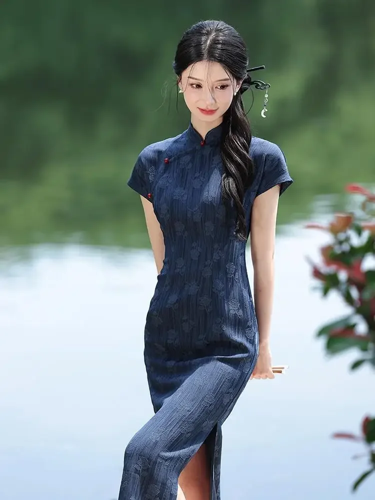 

Short Sleeve Vintage Jacquard Cheongsam Dresses 2025 New Chinese Style High End Blue Dress For Women Summer Long Qipao