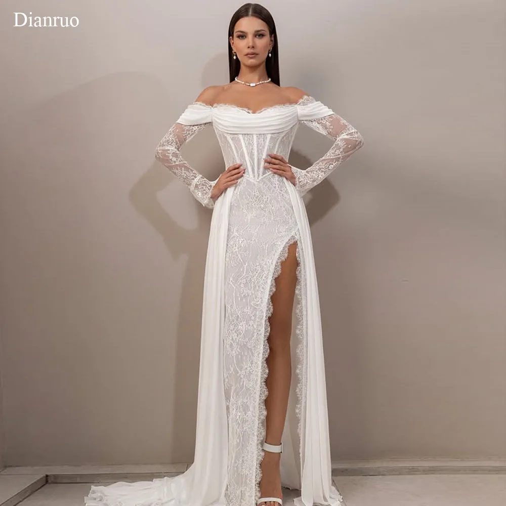

Dianruo White Off Shoulder Bridal Wedding Dress High Slit Vestido De Noiva Appliques A Line Maxi Evening Dresses Customized