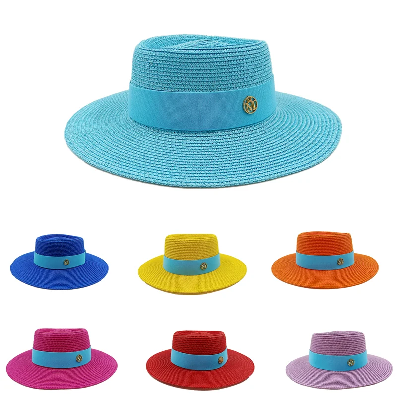 Concave and convex top ladies straw hat lake blue elastic webbing elegant retro fresh vacation beach casual sun protection hat