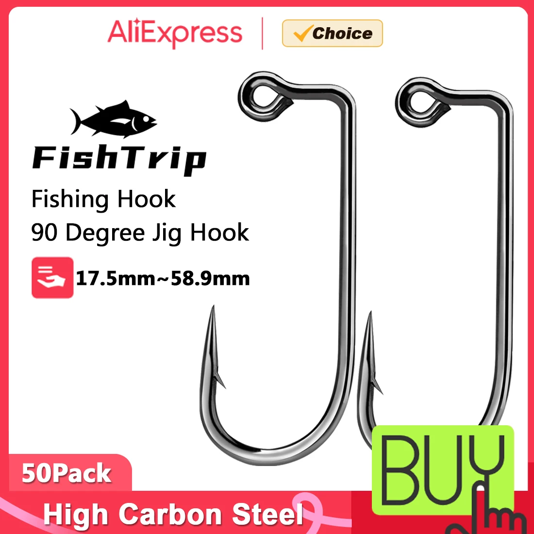 FishTrip Angel-Jig-Haken, 50 Stück, 90-Grad-Jig-Haken, Hartstahl, langer Schaft, weiche Kunststoffform, Aberdeen-Haken, Salzwasser