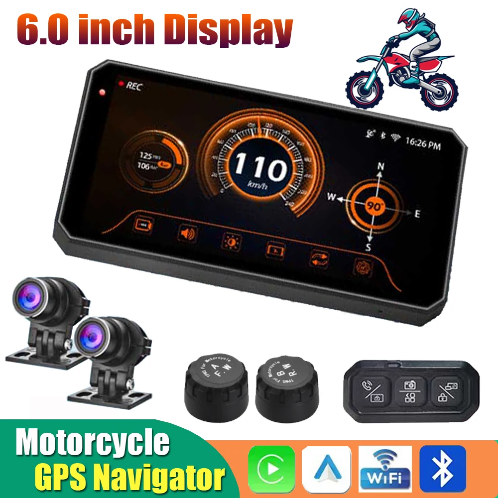 

Портативный 6-дюймовый водонепроницаемый мотоциклетный GPS-навигатор, беспроводной Carplay, Android, авто видеорегистратор, рекордер, мотоциклетный монитор, WIFI