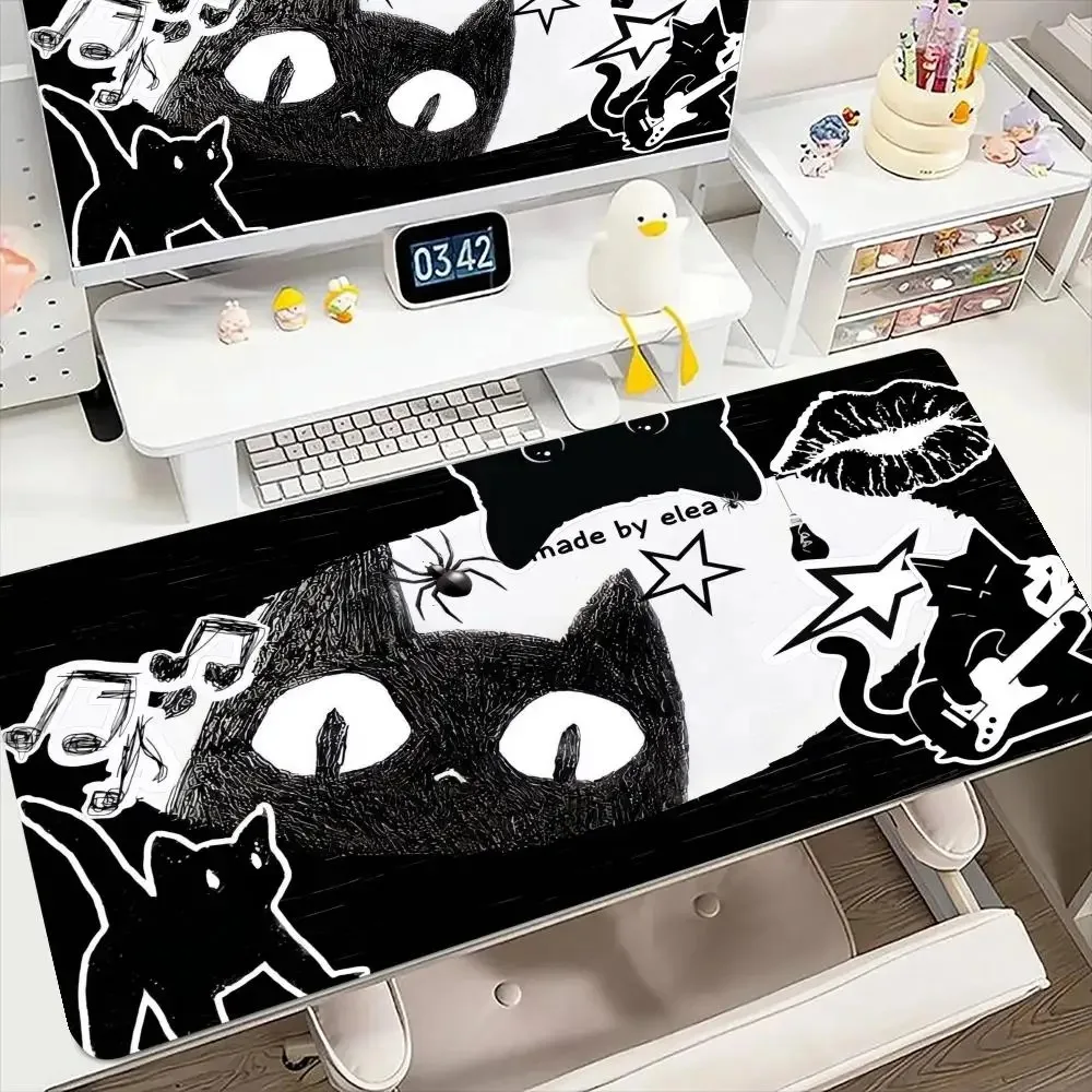

cute kawaii Black Cat Mouse Pad PC Green Plants Flower Gaming Keyboard Rug Laptop Anime Gamer Cabint Mousepad XL Cute Desk Mat