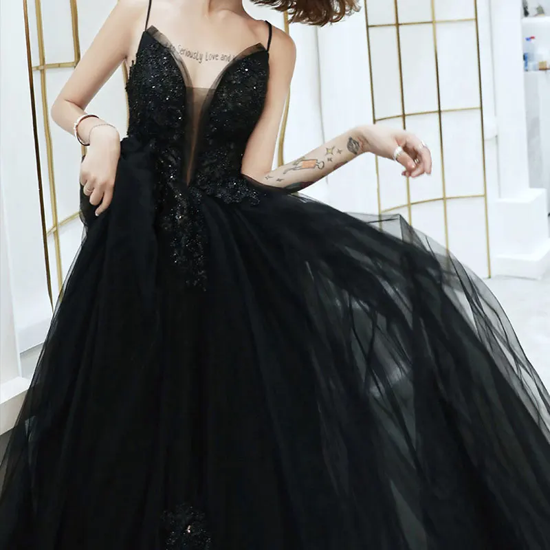 Vestido negro con tirantes, cuello en V, Espalda descubierta, adelgazante, cola grande, fiesta de cumpleaños, reunión anual, vestido de noche, 2024