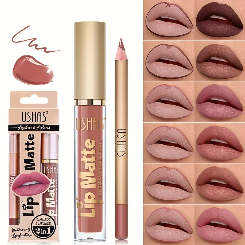 USHAS 12-Farben-Lipliner + Lippenstift-Set, einfach zu färbender, mattierter Lippenstift, langlebiger nackter roter Lippenstift, langanhaltendes Kosmetik-Make-up