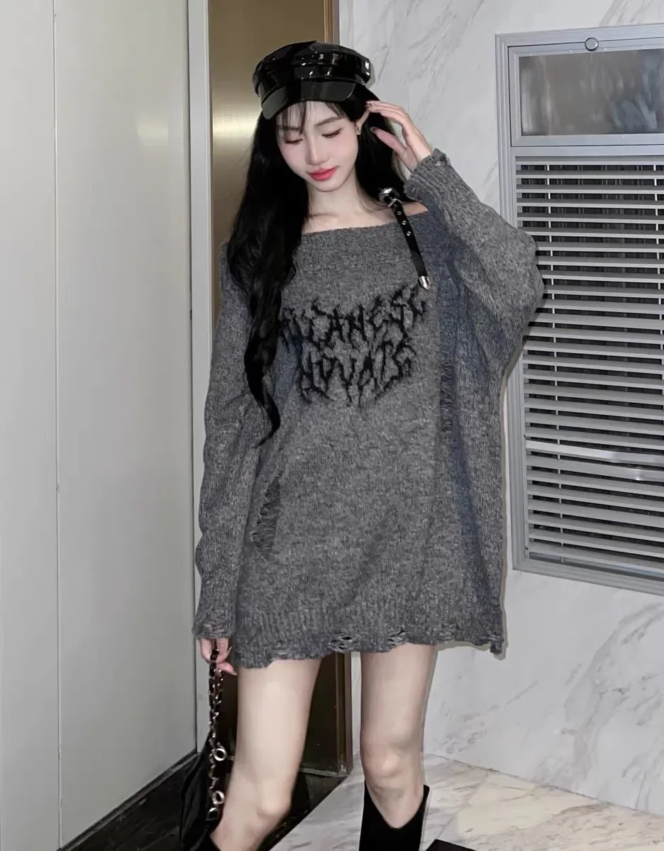 Korean Dongdaemun Design Sensibility Off-shoulder Hole Sweater Soft Supple Knitted Top Polo Collar Sleeveless Hip Hop Style