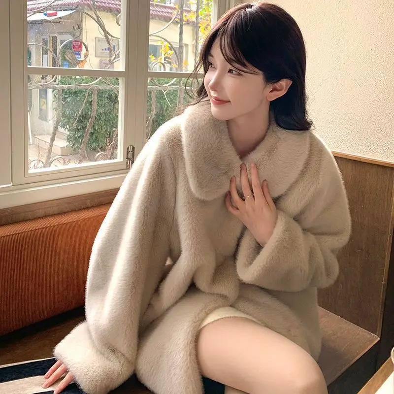 フェイクファーガールズコートコートレディースハイウエストイレギュラーホリデーウィフストリートウェアヴィンテージシルキーミックスコットングレーパフレギュラースリム