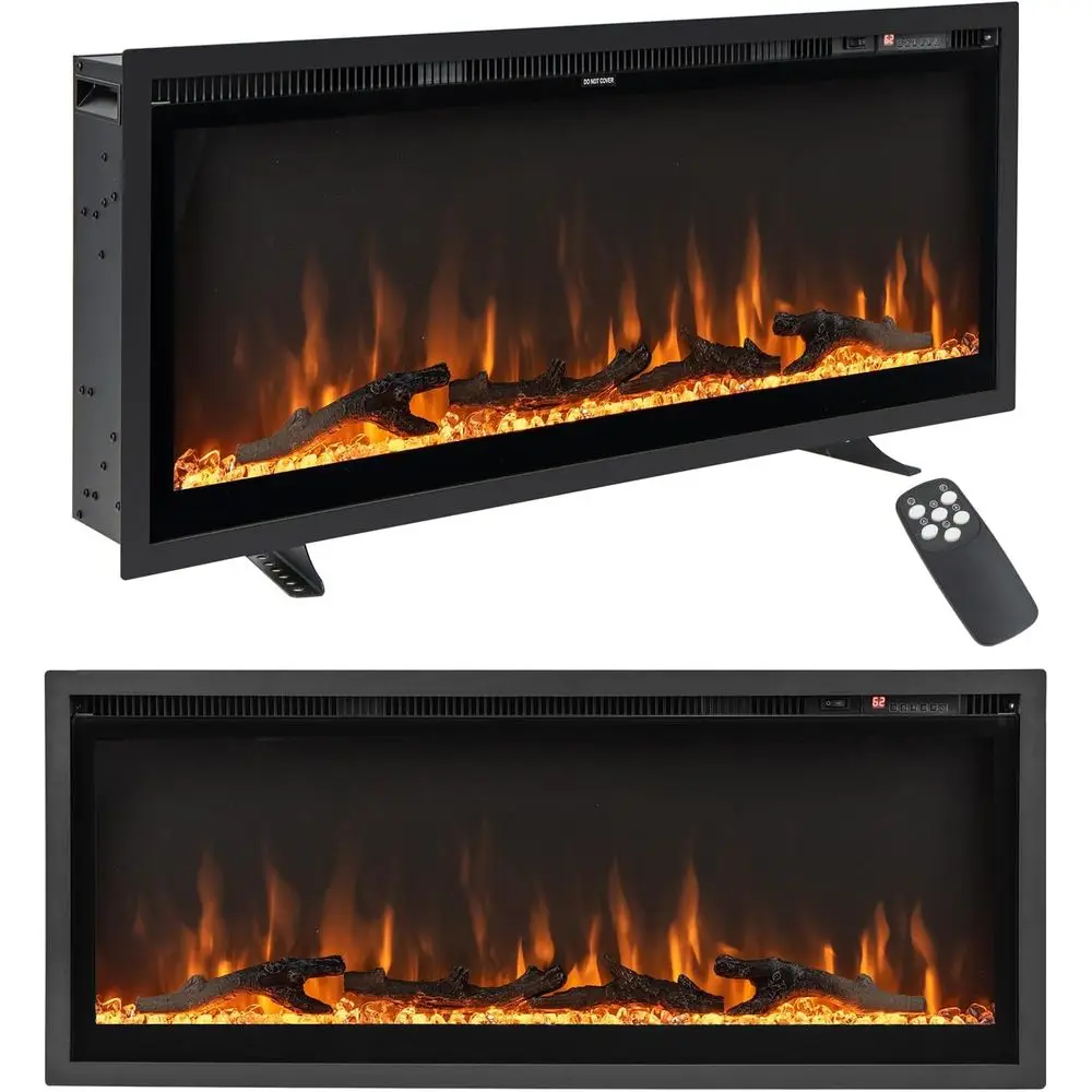 

42 Wall-Mounted Electric Fireplace, 750W/1500W Linear Heater with Remote, Adjustable Flame and Brightness