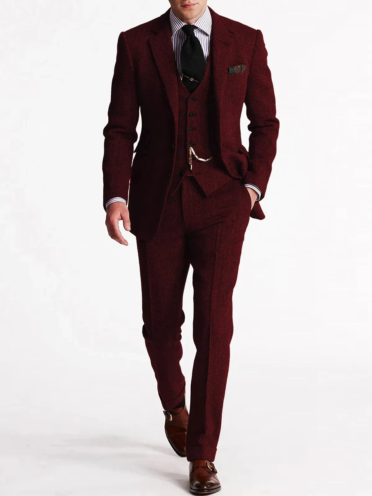 ﻿ Herringbone Tweed Suits for Men 3 Piece Set Double-Breasted Slim Fit Tuxedo Size Man Suit Set Custom Made Men Fashion Suits