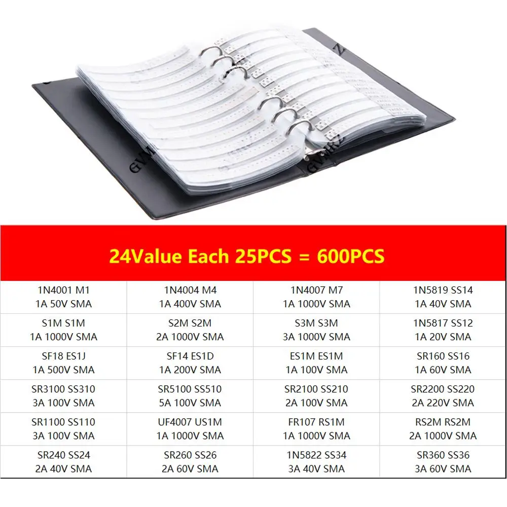 24Values SS34 SS36 Rectifier Diode Sample Book SMD SMA Assortment Kit 33 Values Schottky Diodes M1 M4 M7 SS12 Integrated circuit