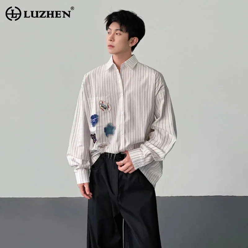 LUZHEN Casual 2026 New Stripe Printed Elegant Shirts Temperament Men's Stylish Handsome Patchwork Decorate Design Tops JY8420