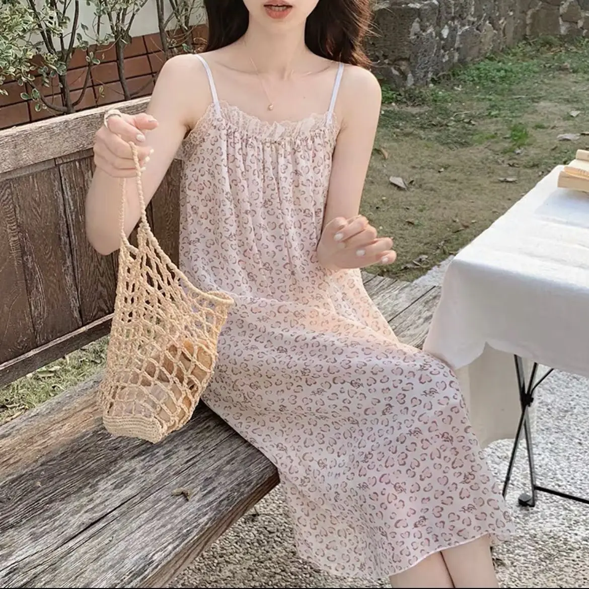 Prairie Chic Nightgowns Women Floral Sweet Sleepwear Home Casual Baggy Korean Fashion All-match Breathable Sleeveless New Summer