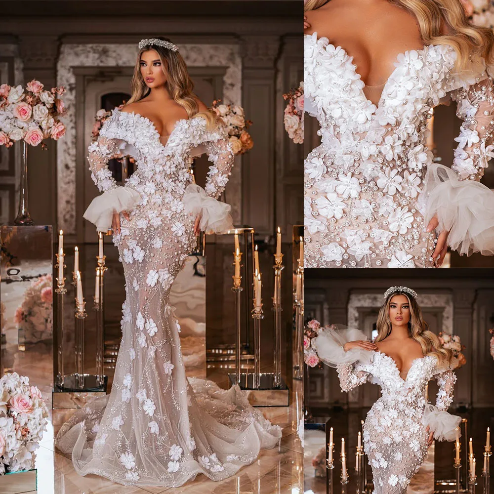 Handgemachte Meerjungfrau Brautkleider 3D Blumen Kristall Perlen Langarm Brautkleider Perlen Maßgeschneidertes Brautkleid