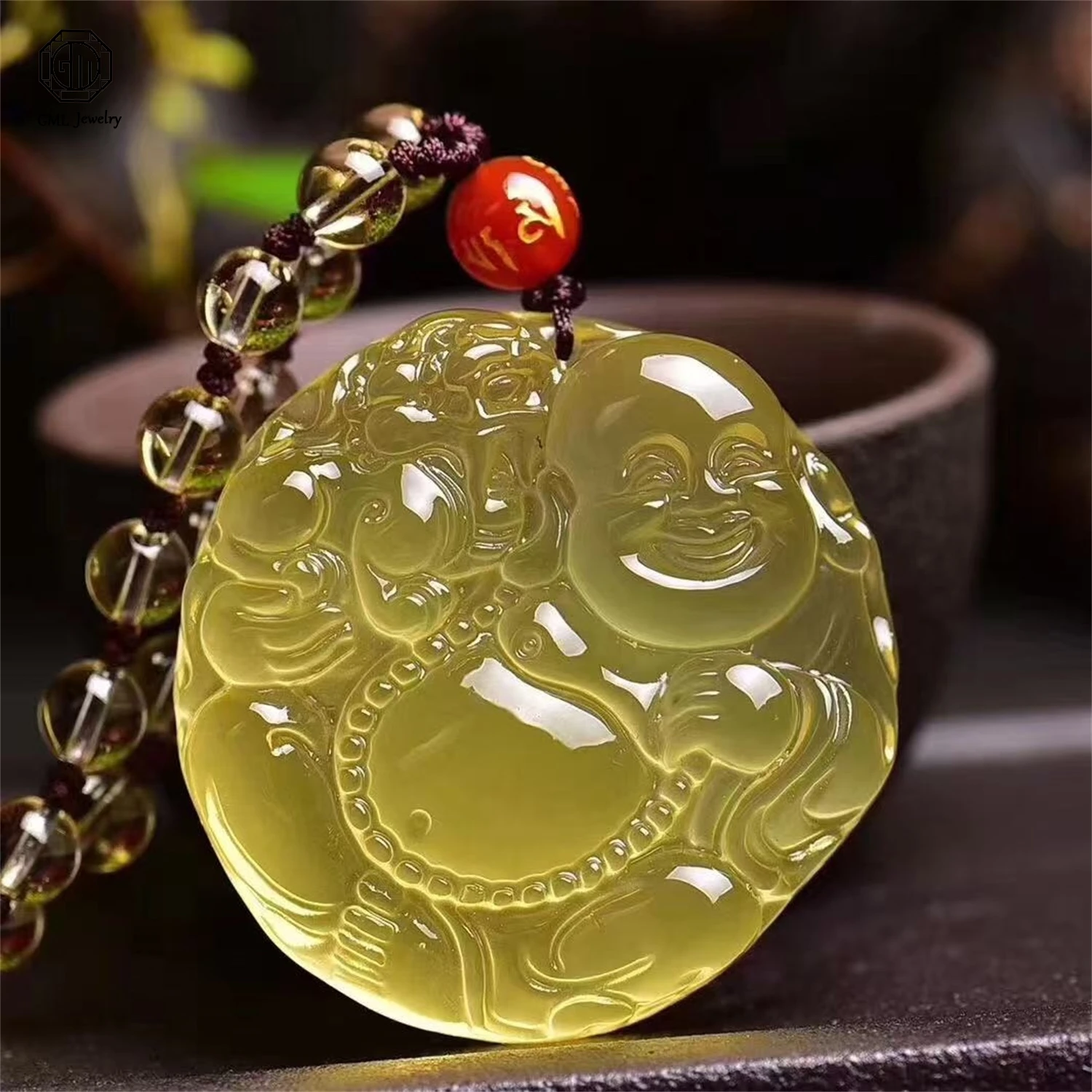 

Natural Yellow Citrine Large Belly Maitreya Buddha Pixiu Pendant Unisex Men Women Gemstone Necklace Smiling Buddha Jewelry Gift