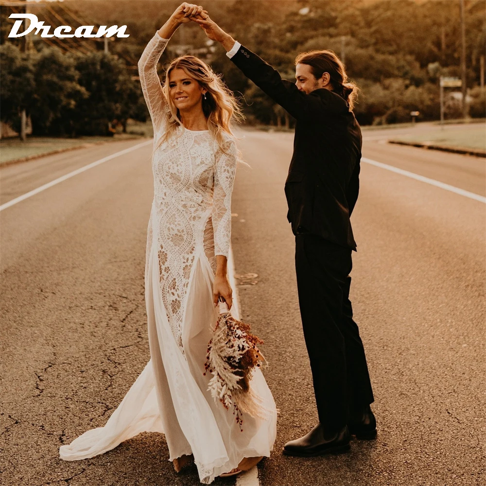 DREAM o-collo maniche lunghe pizzo abiti da sposa Vintage per le donne Sexy Bohemian Backless guaina abiti da sposa Vestido De Novia