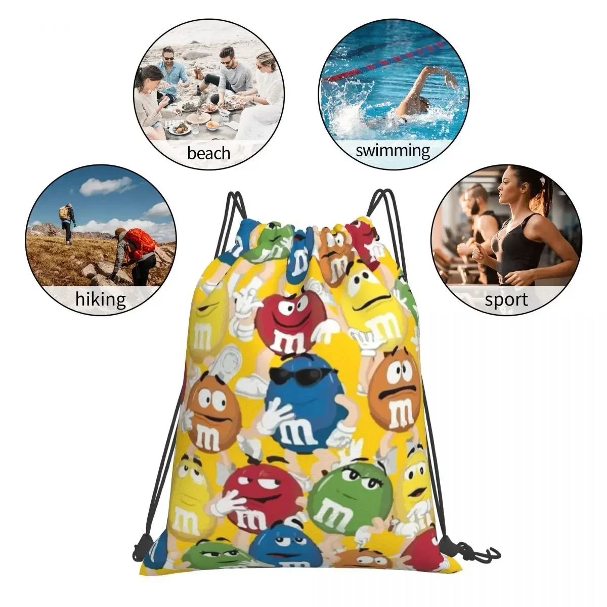 Mochilas de colección de personajes M y M para niños, bolsas con cordón portátiles, bolsa de almacenamiento de bolsillo, bolsa de libros para hombre y mujer