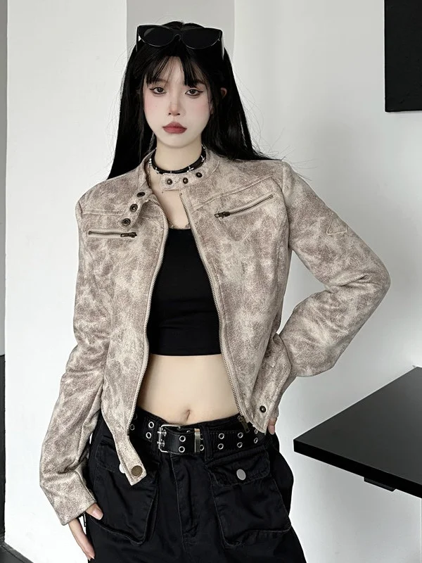 레트로 아메리칸 스탠드 칼라 재킷 여성용 가죽 바이커 재킷 페이디드 스트리트 스타일 지퍼 롱 슬림 핏 셔츠