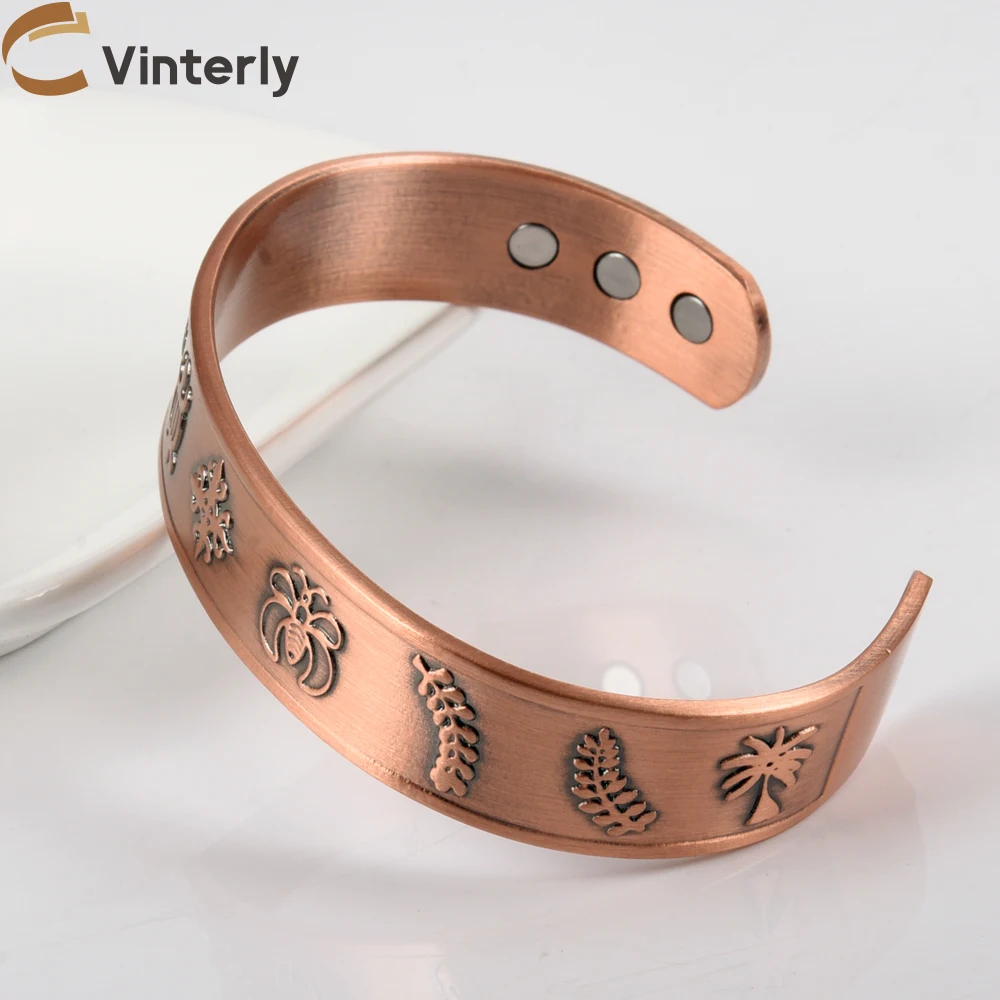 Vinterly النحاس النقي أساور المغناطيسي قابل للتعديل الرموز القديمة الإسورة الكفة الطاقة الصحية مجوهرات 15 مللي متر واسعة يمكن تغيير حجم خمر