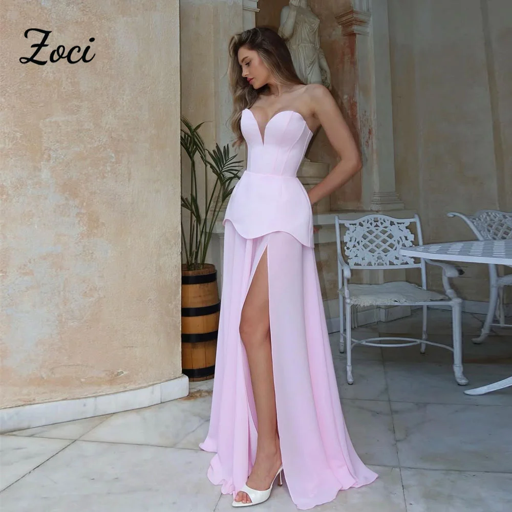 

Zoci Sweetheart Baby Pink Prom Dresses Sleeveless Side Slit Evening Party Dress Satin Chiffon Women Wedding Formal Occasion Gown
