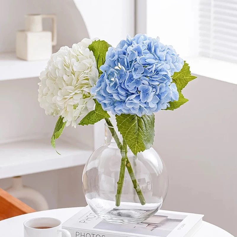 Blue Artificial Hydrangea Flowers Real Touch Green Artificial Hydrangea Branches Decoration Wedding Bouquet Flower Arrangement