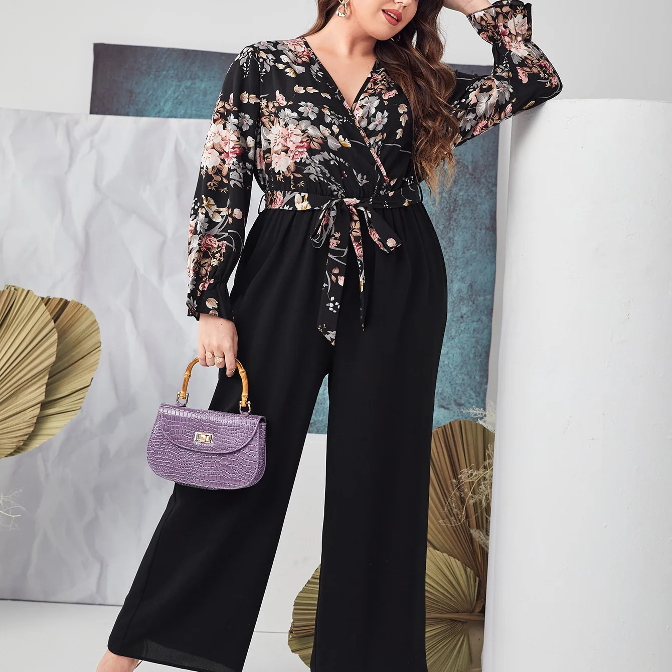 

Women Jumpsuits V Neck Rompers Print Belt Long Sleeve Overalls Ankle Length Straight Pants High Waist Office Lady One Piece