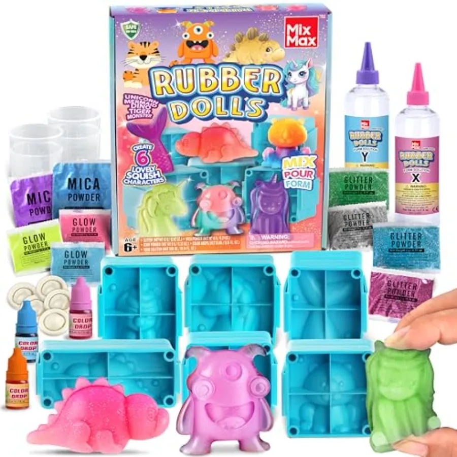 

Make Your Own Squishies Toys, 6 Packs Rubber Dolls Making Kit for Glow Jumbo Glitter Silicone Squishy Craft Kit for Girls 6-12