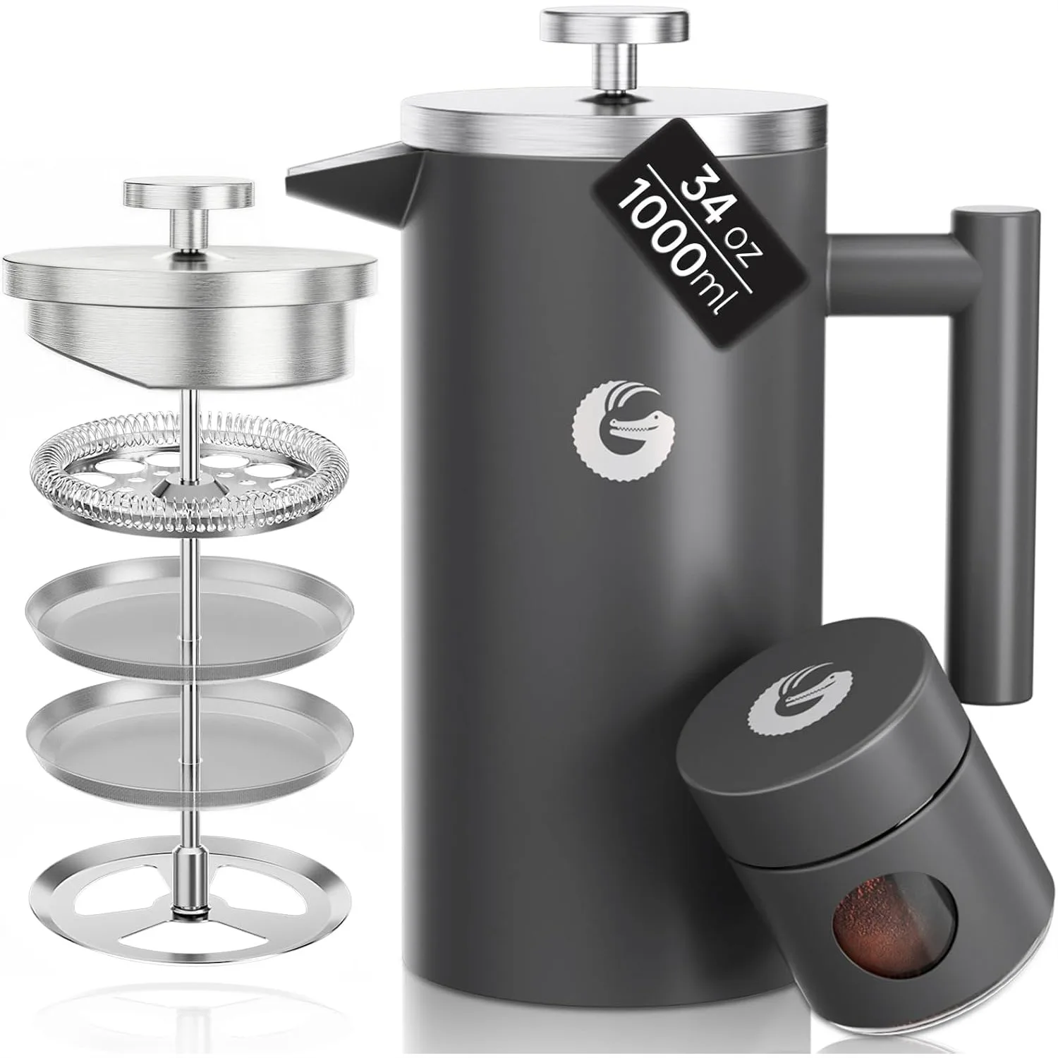 

304 Stainless Steel French Press Coffee Maker 34 oz, Double Wall Insulated Hot Cold Brew Teapot with 4-Level Filtration System