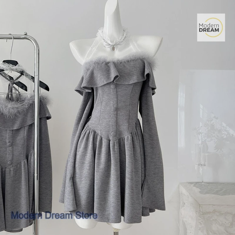 

Korean style sweet spice lace stitching slim sling dress women's spring and autumn new fashion design casual Joker skirt.