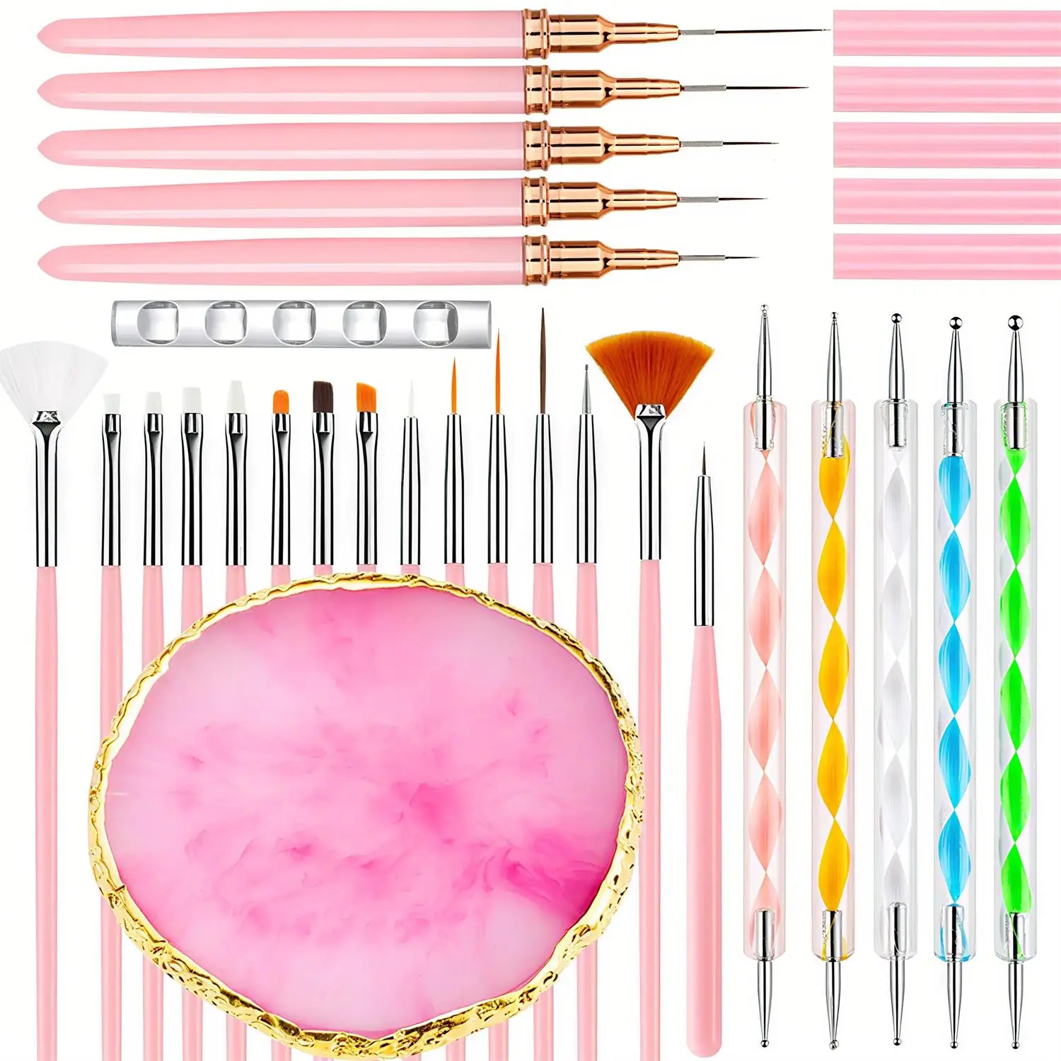 27-teiliges professionelles Nagelset: Pinsel + Punktierwerkzeuge + Liner + Palette & Ständer | Komplettes Salon- und Heimwerker-Set