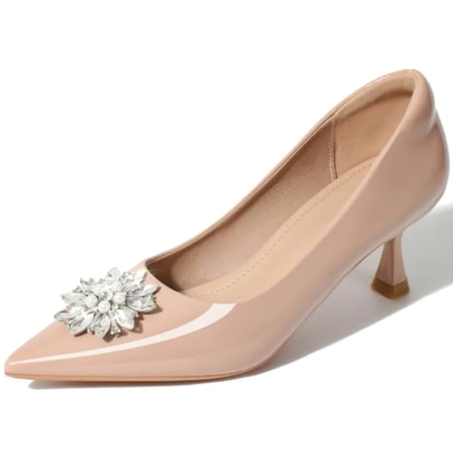 

VYKF Kitten Heels for Women Leather Comfortable Pointed Closed Toe Heels Womens Rhinestone Pumps Dress Shoes for Weddings Parti