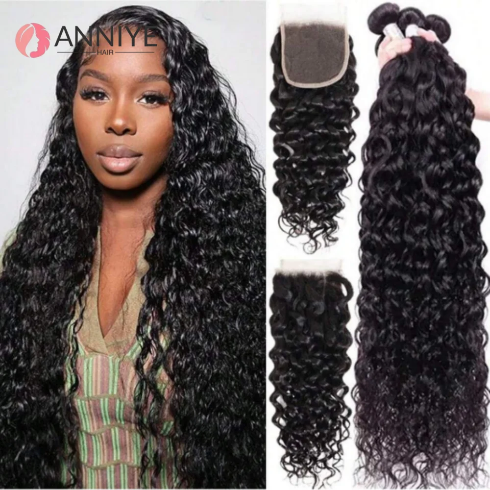 

12A Brazilian Water Hair 3 Bundles With 4x4 Lace Closure Human Hair Bundles With Closure Water Wave Hair 3 Bundles With Closure