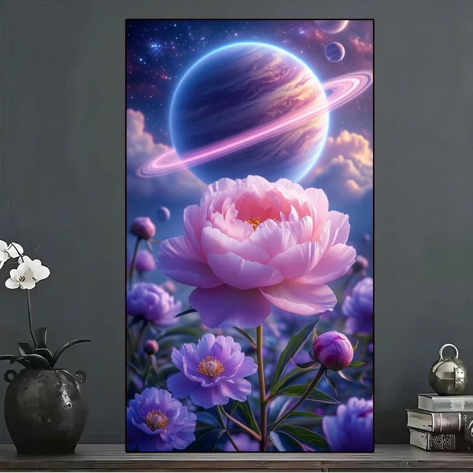 DIY 5D Diamond Painting Kit White Lily Bouquet Peony Planet Full Drill Diamond Art Mosaic Cross Stitch for Home Wall Decor Gift