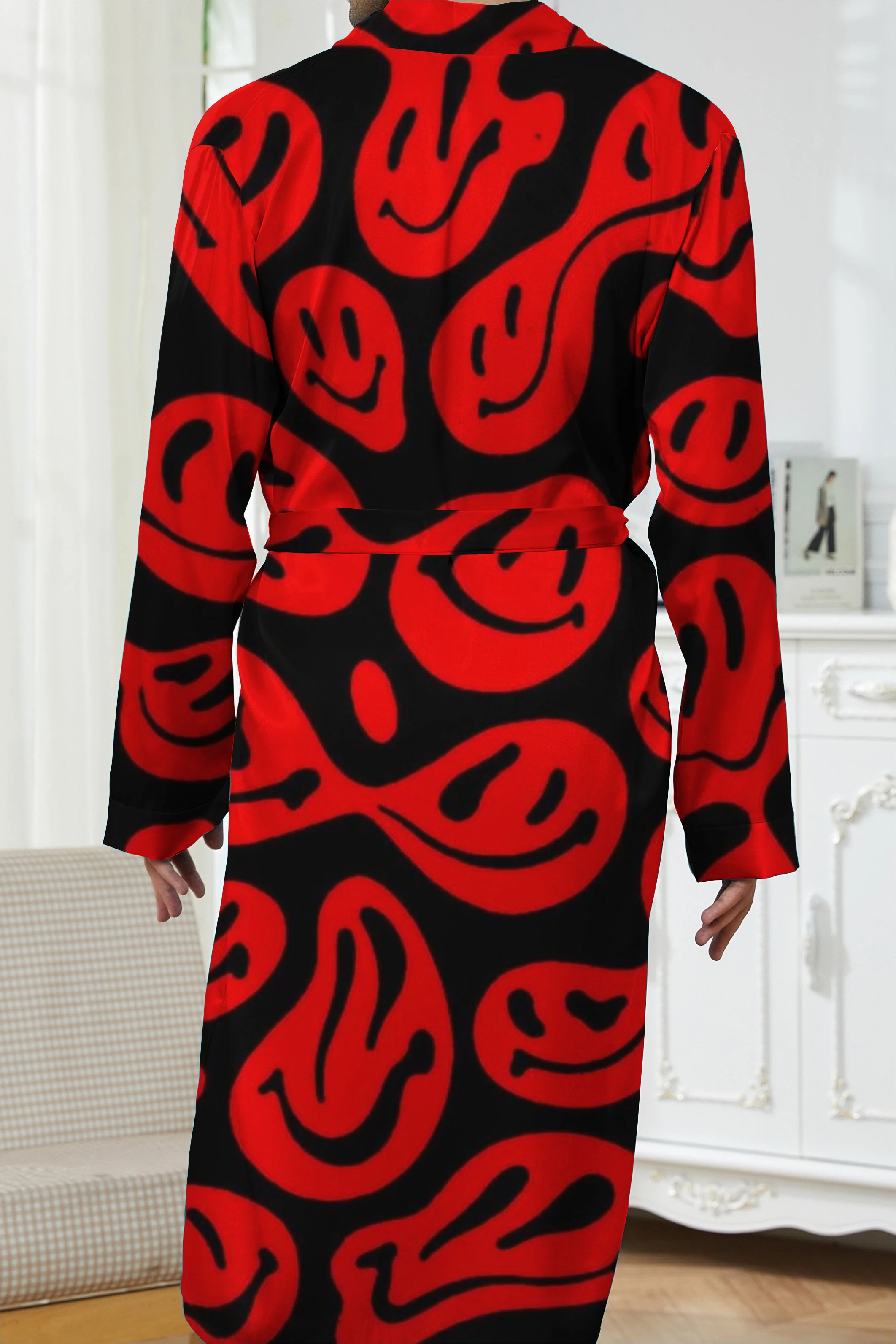 ثوب نوم رجالي بنمط وجه مبتسم مطبوع رقميًا للربيع والخريف، ثوب نوم كاجوال عصري، سريع الجفاف