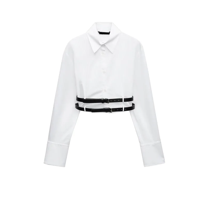 เสื้อผ้าแฟชั่นสำหรับผู้หญิง คอลเลคชั่นฤดูใบไม้ร่วง ดีไซน์เข็มขัดรัดเอว แขนยาว คอปก ผ้าโพลีเอสเตอร์