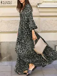 ZANZEA Autumn Sundress Women Maxi Long Dress Party Vestidos Female V Neck Print Robe Casual Long Sleeve Leopard Dresses Oversize