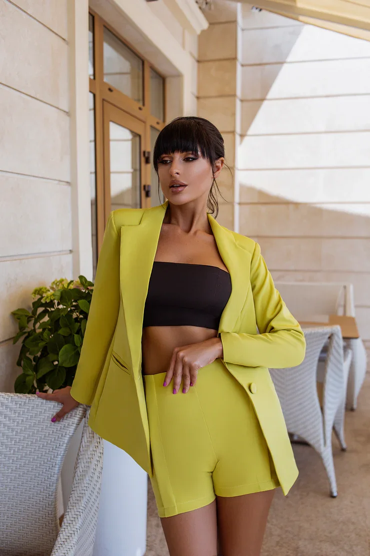 

Tesco Green Casual Short Suit 2-Piece Notch Lapel One Button Suit Jacket with Shorts Summer Women Suit Coat and Pants Set