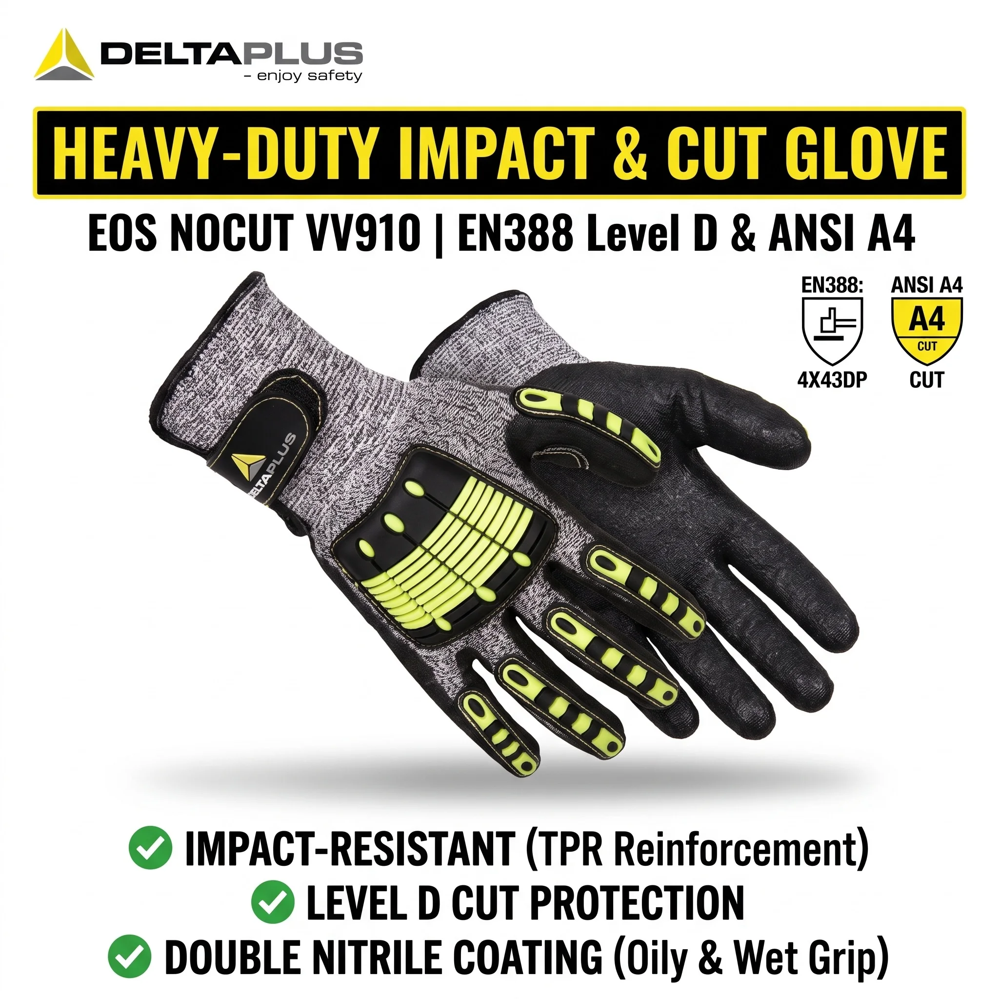 DELTAPLUS Work Gloves Heavy Duty Impact Gloves Cut Proof Nitrile Coated Mechanic Gloves for Work Man Construction Safety