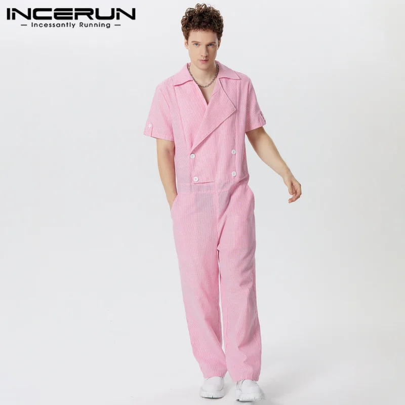 INCERUN 2024 American Style Bodysuits Fashion Men Stripe Lapel Jumpsuits Casual Streetwear All-match Short Sleeved Rompers S-5XL