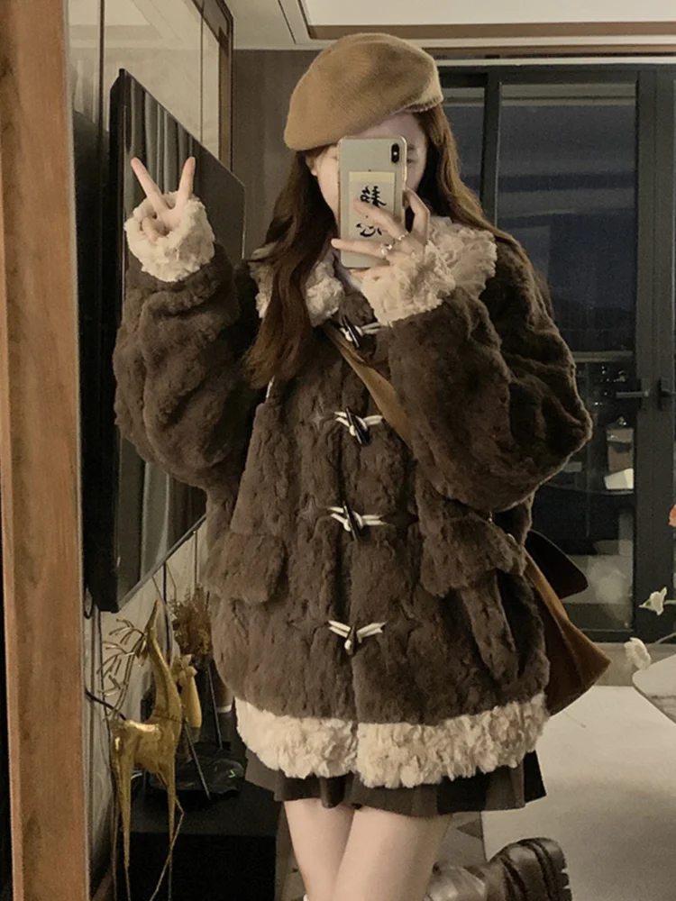 Manteau d'hiver français en fausse fourrure, couleur chocolat doux, boutons en corne, revers, mignon, chaud, décontracté, pour rendez-vous, déplacements, collège, vêtements d'extérieur
