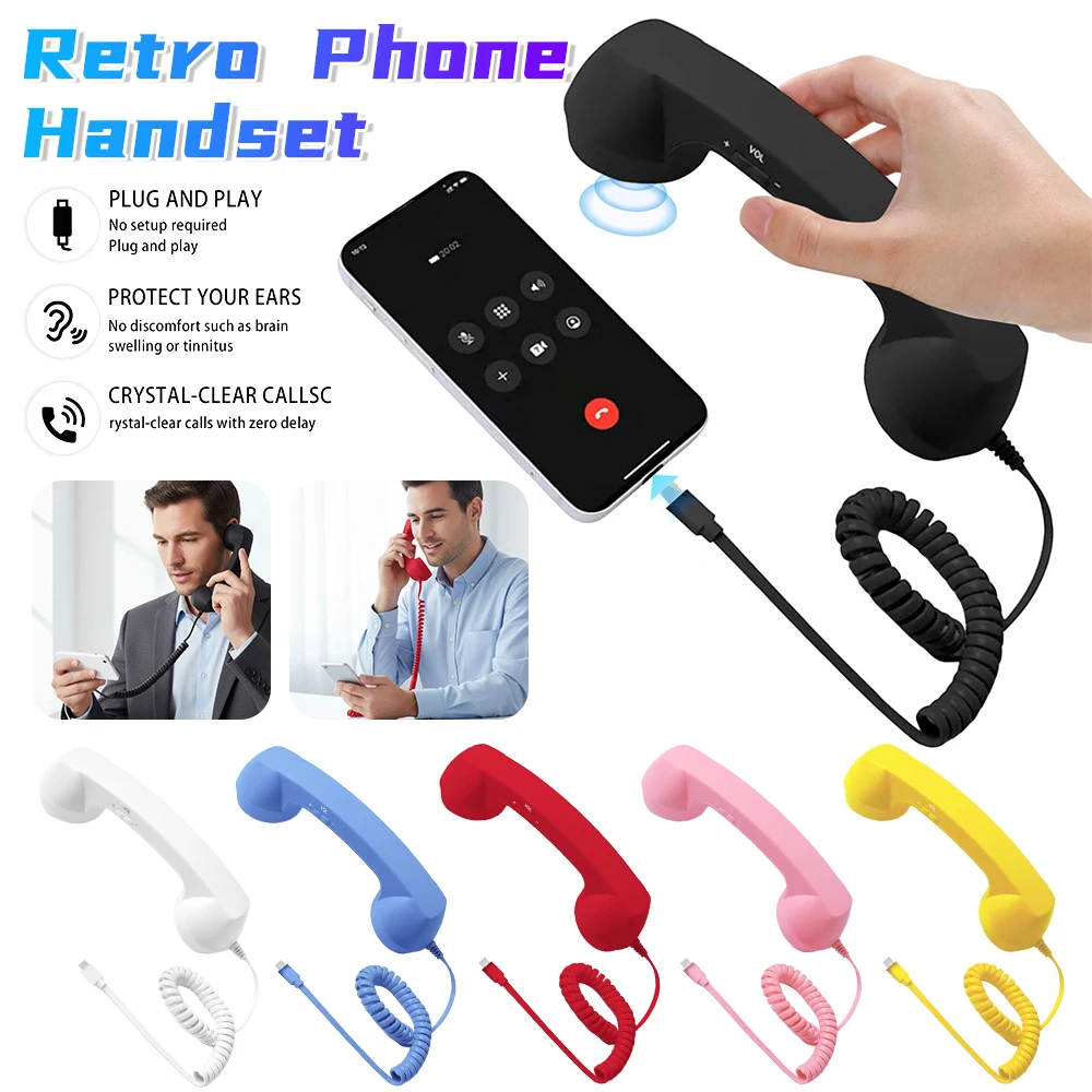 Type C Universal Retro Telephone Handset Retro Telephone Receiver Handset Mini Microphone Speaker for Mobile Phones Computers