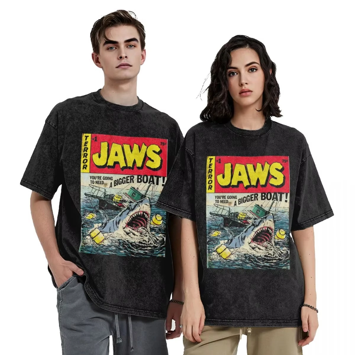 Washed T Shirts Jaws Edition Comic Book Cover Hip Hop T-Shirts Oversize Streetwear Cotton Summer Tops Tee Shirt Men Women