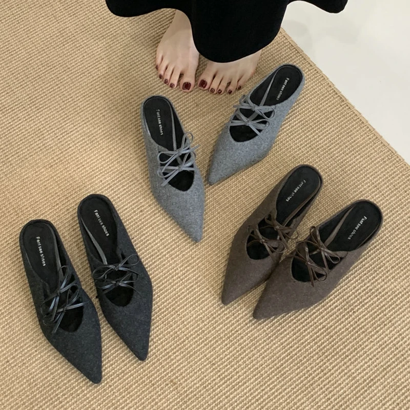 

SUOJIALUN 2025 Autumn New Brand Women Slipper Fashion Bow-knot Pointed Toe Slip On Mules Shoes Square Low Heel Slides Shoes