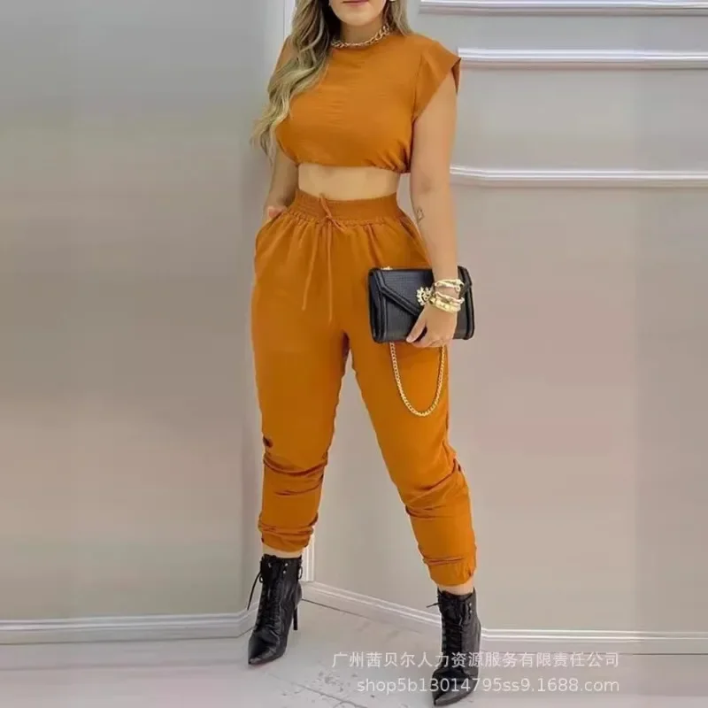 Spring Summer New Women\'s Clothing Solid Color O-neck Short Top Trousers Casual Suit 2 Piece Set