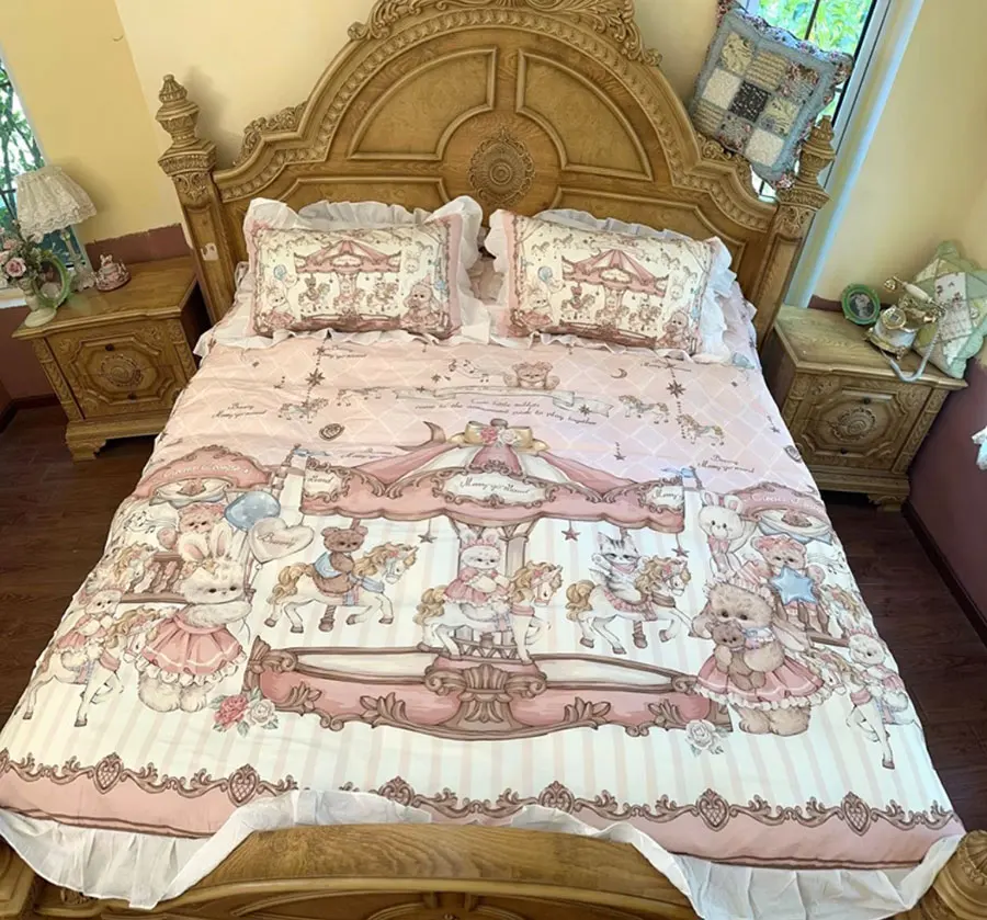 European vintage playground carousel rabbit cat dog bed set,twin full queen cotton home textile bed sheet pillowcase quilt cover