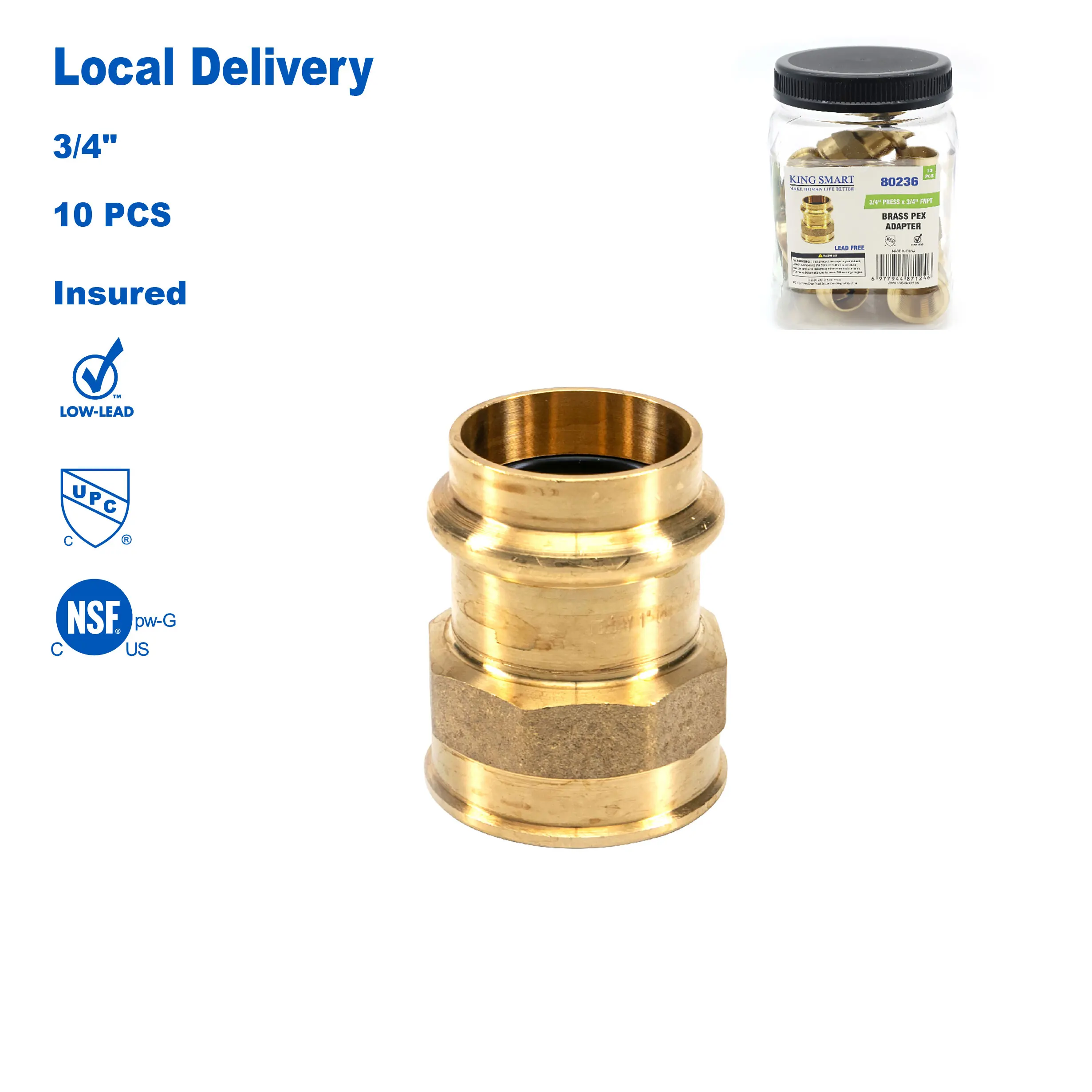 

KING SMART 3/4" Press * 3/4" Female NPT Straight Adapter; 10 Pcs/Case; Lead Free Brass; 80236