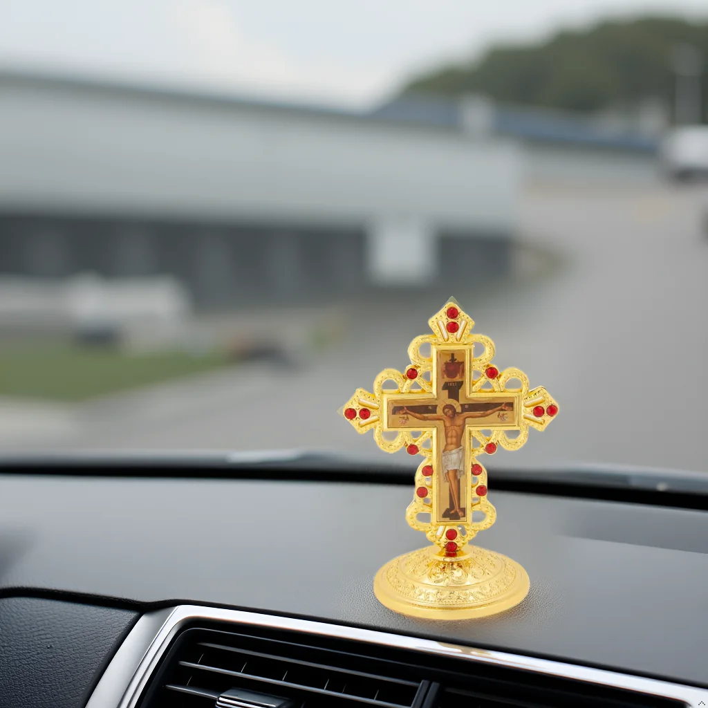 

Orthodox Cross Metal Crucifix Russian Orthodox Standing Cross Car Dashboard Ornament Churches Weddings Funerals 3.5In*2.6In